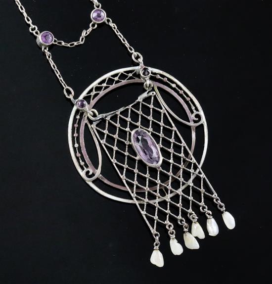 An early 20th century Austrian? secessionist style sterling silver, white enamel, amethyst and baroque pearl drop pendant necklace,